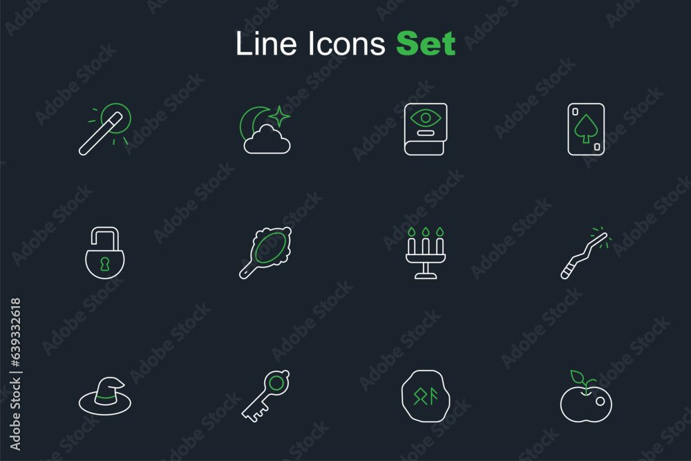 Set line Poison apple, Magic runes, Old magic key, Witch hat, wand, Candlestick, hand mirror and Open padlock icon. Vector