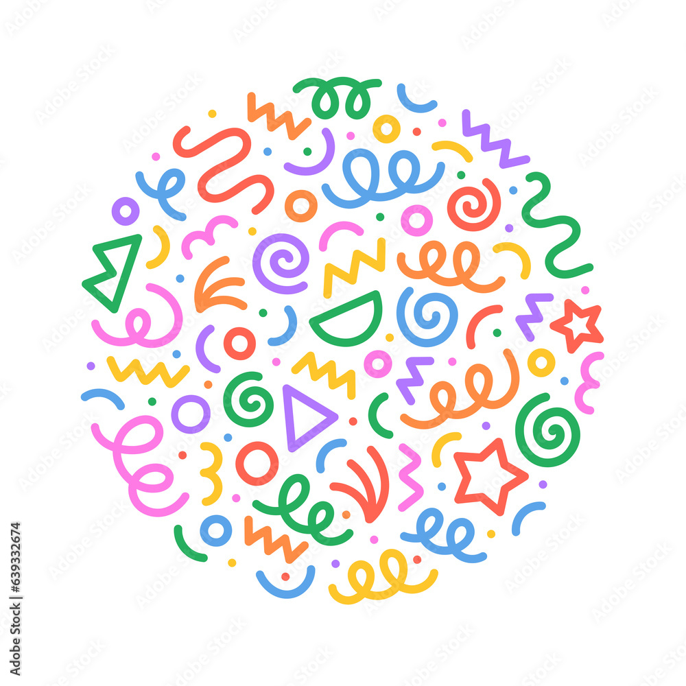 Fun colorful abstract line doodle circle shape. Creative minimalist style art round symbol for children or party celebration with modern shapes. Simple upbeat circular drawing scribble decoration.