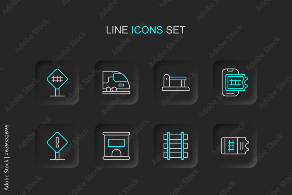 Set line Train ticket, Railway barrier, Ticket office to buy tickets, Exclamation mark square, Online booking, Railway, railroad track, High-speed train and Railroad crossing icon. Vector Set line Train ticket, Railway barrier, Ticket office to buy tickets, Exclamation mark square, Online booking, Railway, railroad track, High-speed train and Railroad crossing icon. Vector