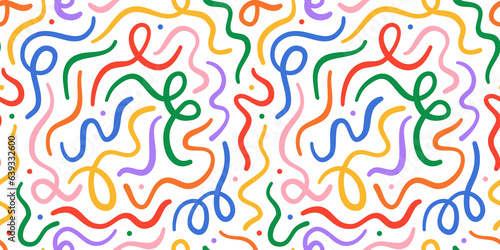 Fun colorful line doodle seamless pattern. Creative minimalist style art background for children or trendy design with basic shapes. Simple childish scribble backdrop.