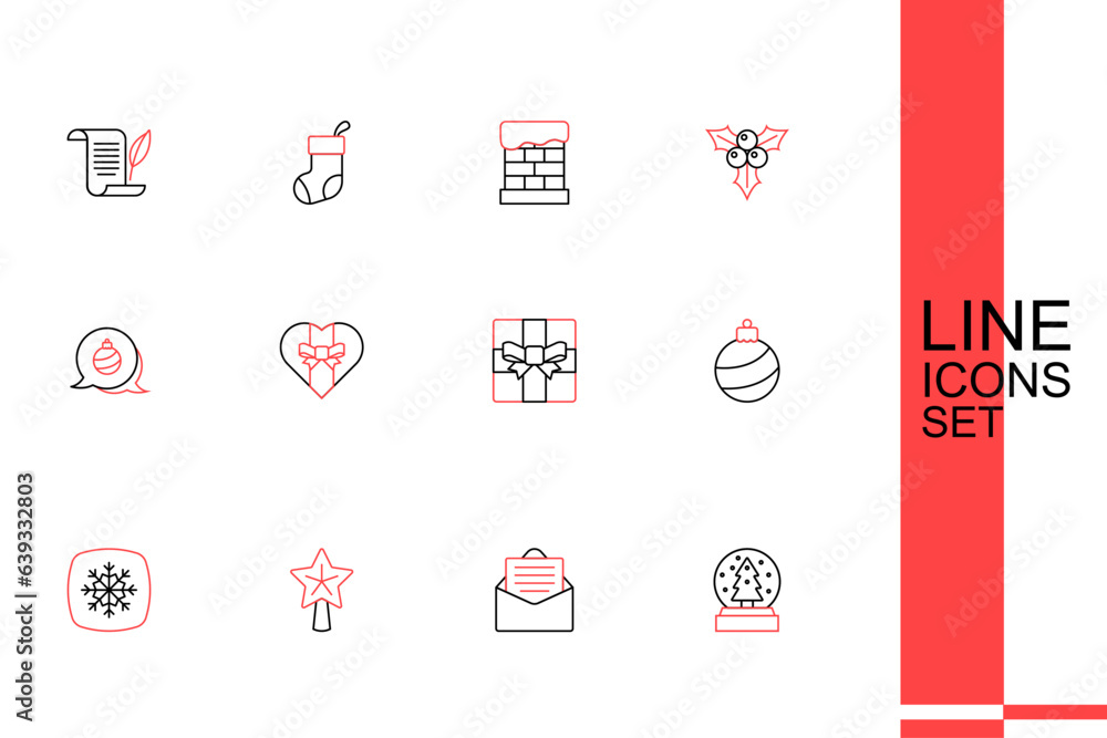 Set line Christmas snow globe, Envelope, star, Snowflake, ball, Gift box, and icon. Vector Set line Christmas snow globe, Envelope, star, Snowflake, ball, Gift box, and icon. Vector