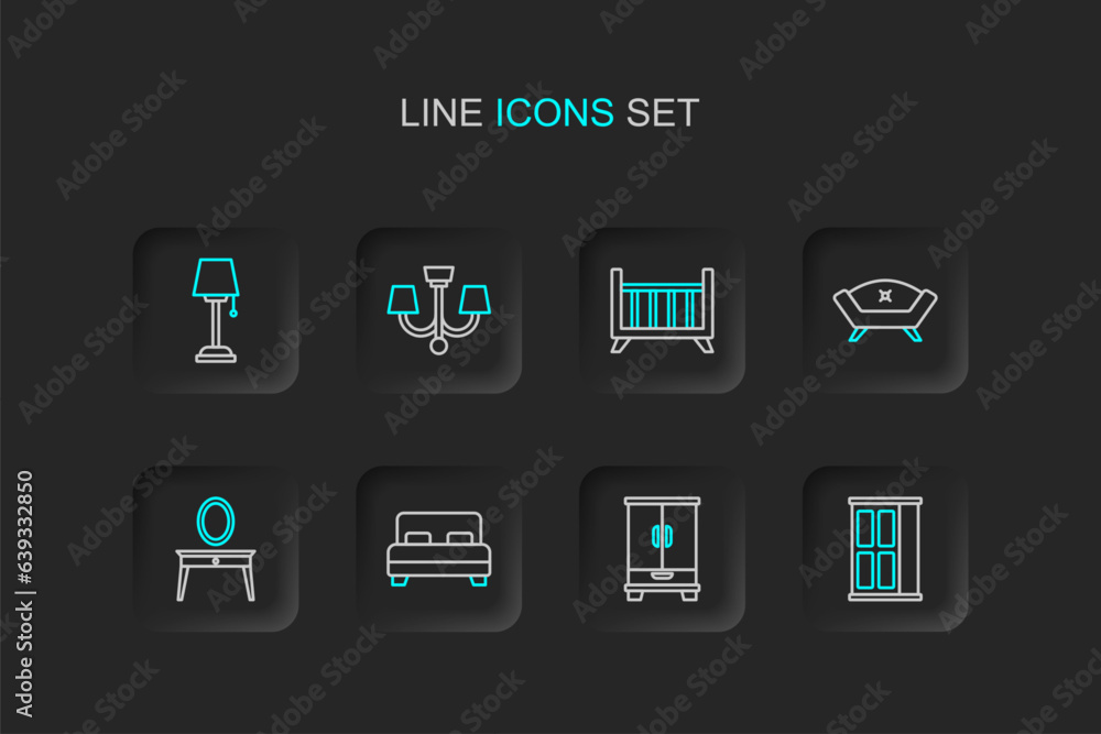 Set line Wardrobe, Big bed, Dressing table, Sofa, Baby crib cradle, Chandelier and Floor lamp icon. Vector Set line Wardrobe, Big bed, Dressing table, Sofa, Baby crib cradle, Chandelier and Floor lamp icon. Vector