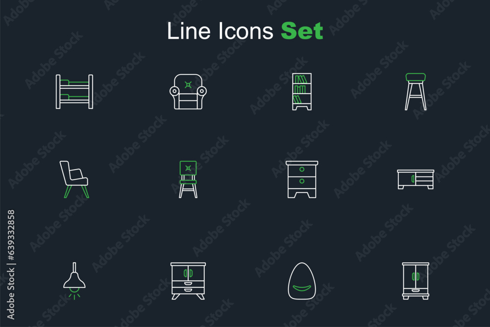 Set line Wardrobe, Pouf, Chest of drawers, Lamp hanging, TV table stand, Furniture nightstand, Chair and Armchair icon. Vector Set line Wardrobe, Pouf, Chest of drawers, Lamp hanging, TV table stand, Furniture nightstand, Chair and Armchair icon. Vector