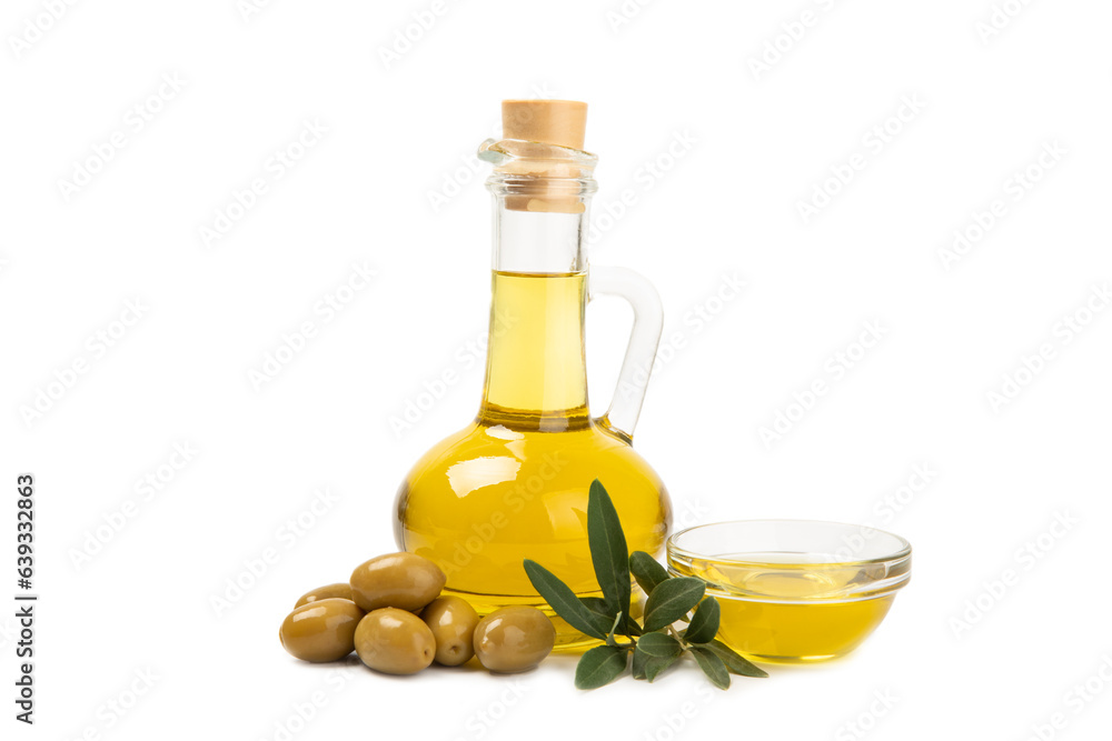 Bottle of fresh olive oil and olives with leaves isolated on white background. Fragrant cooking oil. Delicious olive oil in a glass bottle. Cooking. Salad dressing. Bottle of fresh olive oil and olives with leaves isolated on white background. Fragrant cooking oil. Delicious olive oil in a glass bottle. Cooking. Salad dressing.