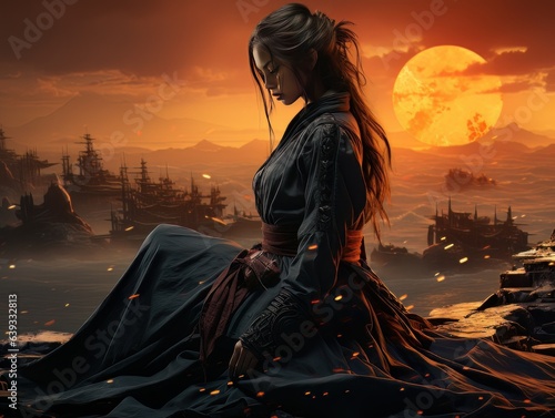 Portrait of epic warrior woman at sunset AI