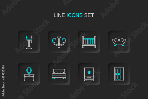 Set line Wardrobe, Big bed, Dressing table, Sofa, Baby crib cradle, Chandelier and Floor lamp icon. Vector