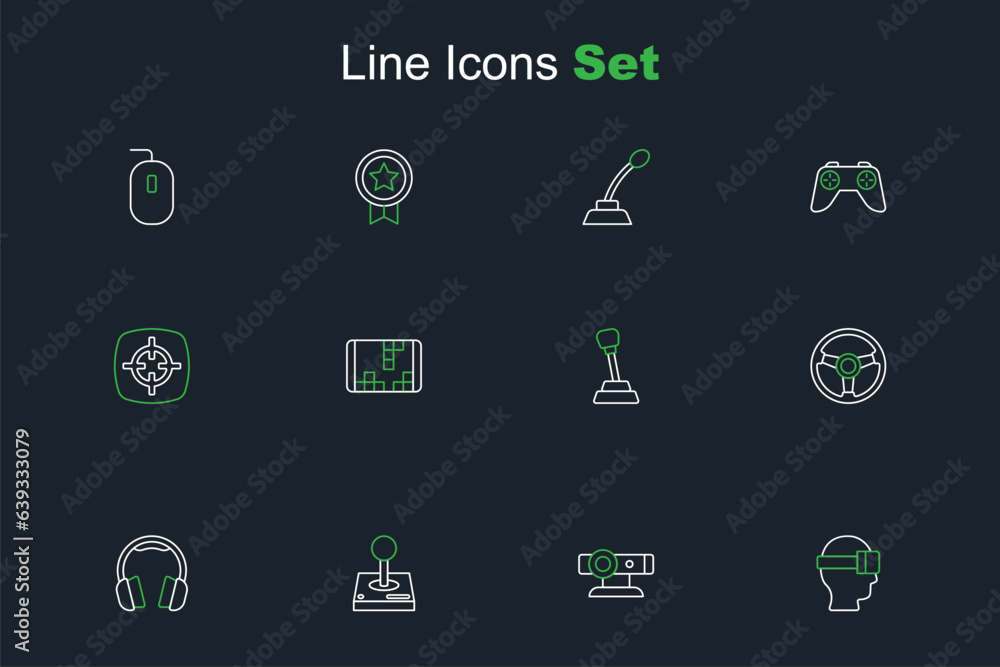 Set line Virtual reality glasses, Web camera, Joystick for arcade machine, Headphones, Racing simulator, Gear shifter, Portable video game console and Target sport icon. Vector Set line Virtual reality glasses, Web camera, Joystick for arcade machine, Headphones, Racing simulator, Gear shifter, Portable video game console and Target sport icon. Vector