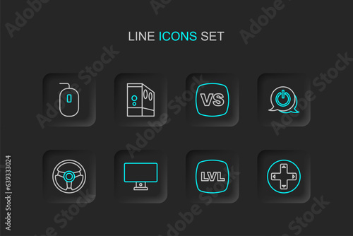 Set line Game controller or joystick, Level game, Computer monitor, Racing simulator, Power button, VS Versus battle, Case of computer and mouse icon. Vector © Iryna