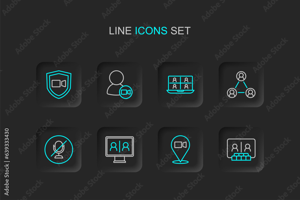Set line Video chat conference, Mute microphone, Meeting, and icon. Vector