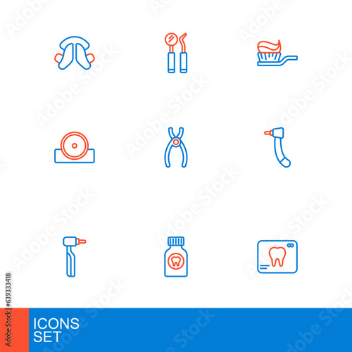 Set line X-ray of tooth, Toothache painkiller tablet, drill, Otolaryngological head reflector, Dental pliers, Toothbrush with toothpaste and mirror and probe icon. Vector