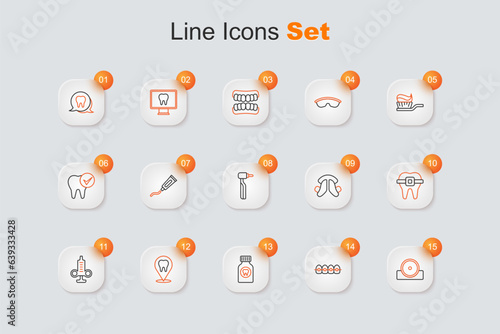 Set line Otolaryngological head reflector, Teeth with braces, Toothache painkiller tablet, Dental clinic location, Syringe, tooth plate and drill icon. Vector