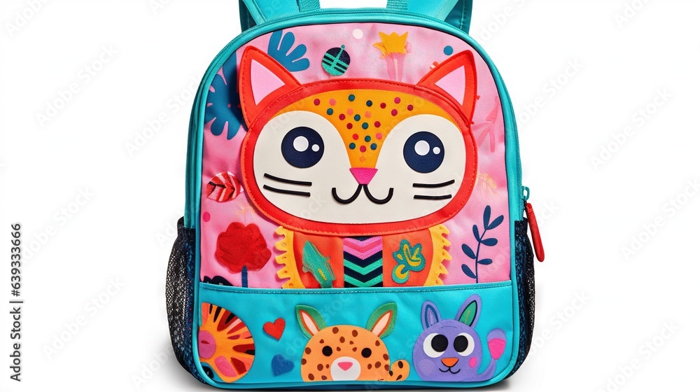 Fototapeta premium a colorful backpack with a cat design on it's back. generative ai
