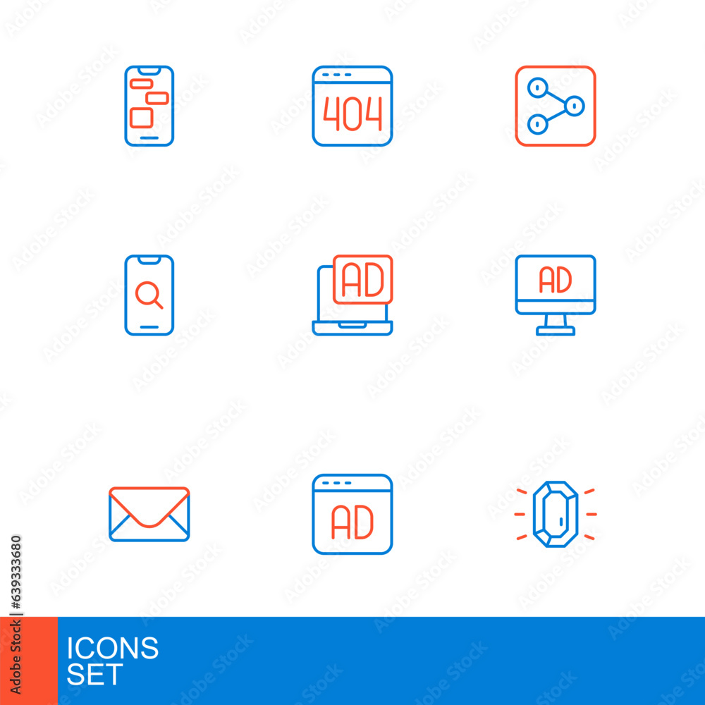 Set line Diamond, Advertising, Mail and e-mail, Magnifying glass mobile, Share and Page with 404 error icon. Vector Set line Diamond, Advertising, Mail and e-mail, Magnifying glass mobile, Share and Page with 404 error icon. Vector