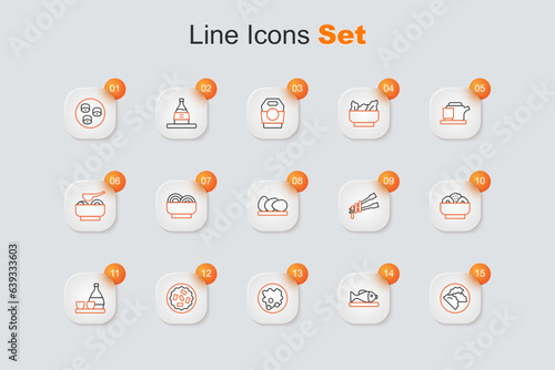 Set line Dumpling, Served fish on a plate, Rice bowl, Homemade pie, Bottle of sake, Chow mein, Food chopsticks with noodles and Chicken egg icon. Vector