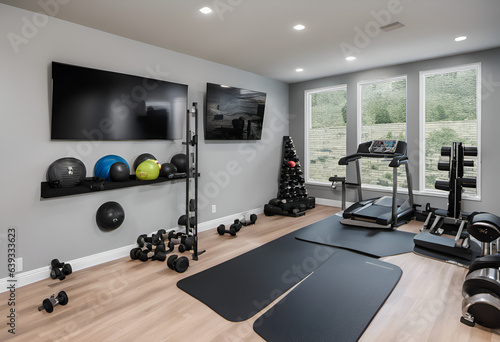Minimalistic home gym with rubber flooring, wall-mounted TV, weight bench, medicine ball, dumbbells, yoga mats, high-tech equipment, high detail, organized and efficient