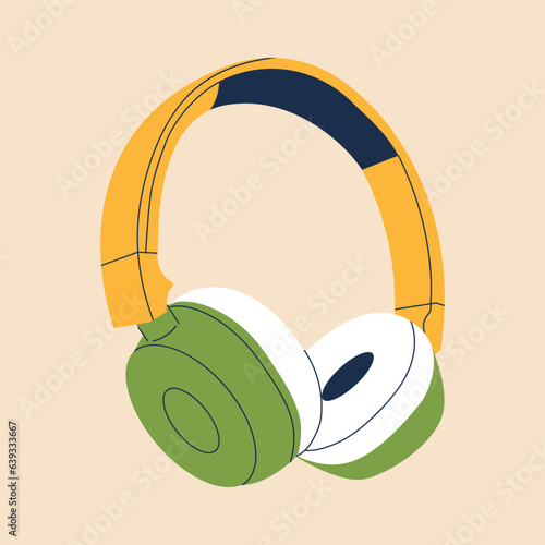 Cute professional gaming headphones for girls and boys in cartoon style. Colorful green yellow audio equipment for listening to music. Music device icon or print. Vector stock illustration.