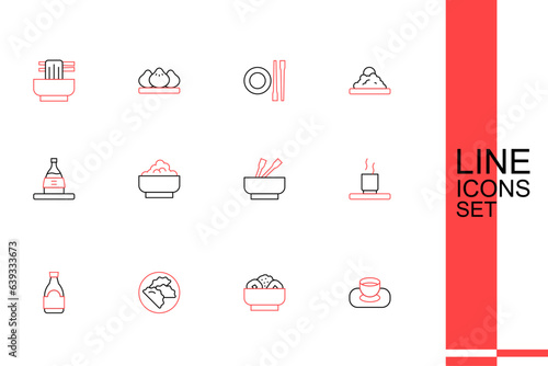Set line Soy sauce in bowl, Chow mein on plate, Dumpling, bottle, Cup of tea, Asian noodles, Rice and Bottle sake icon. Vector