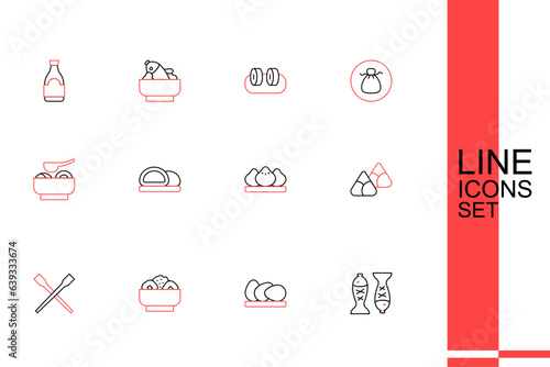 Set line Served fish on a plate, Chicken egg, Chow mein, Food chopsticks, Zongzi bamboo steamer, Dumpling, Sushi and Ramen soup bowl icon. Vector