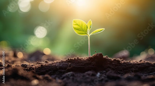  a small green plant sprouts from the ground in the sunlight. generative ai