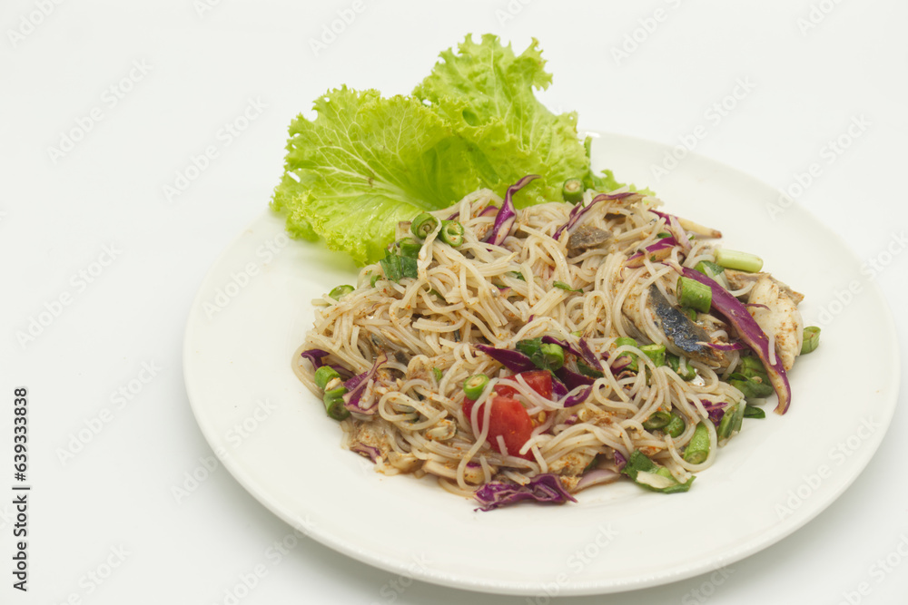 Spicy Mackerel Rice Noodle Salad on white plate