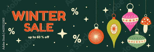 Christmas winter sale concept banner design with xmas ornaments,  hanging retro baubles, cartoon holiday decorations vector illustration for social media, web header, background, marketing sales 