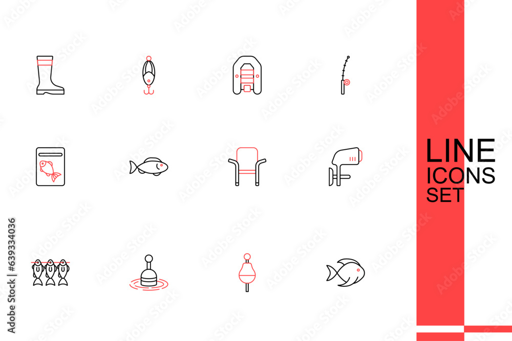 Set line Fishing bucket with fish, float, water, Case or box for fishing equipment, Outboard boat motor, Camping folding chair, and Served on plate icon. Vector Set line Fishing bucket with fish, float, water, Case or box for fishing equipment, Outboard boat motor, Camping folding chair, and Served on plate icon. Vector