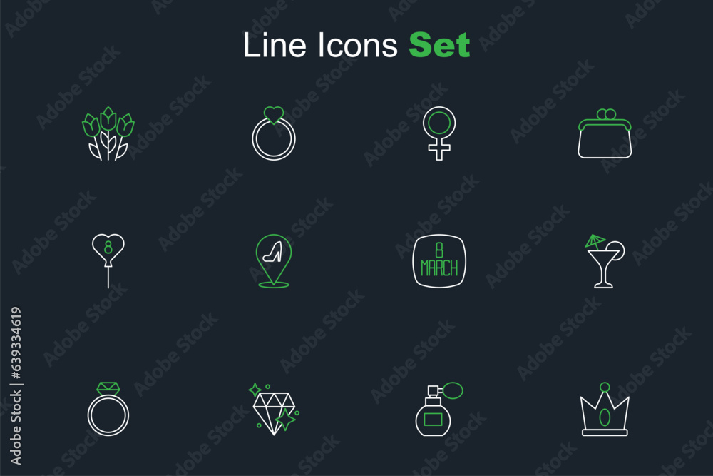 Set line King crown, Perfume, Diamond, engagement ring, Martini glass, 8 March, Woman shoe and Balloons with icon. Vector Set line King crown, Perfume, Diamond, engagement ring, Martini glass, 8 March, Woman shoe and Balloons with icon. Vector