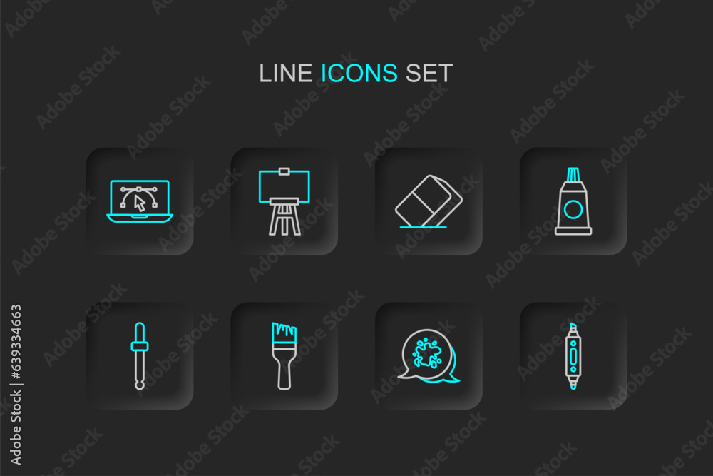 Set line Marker pen, Paint spray, brush, Eyedropper color picker palette, Tube with paint, Eraser rubber, Wood easel and Computer design program icon. Vector