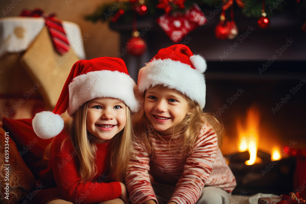 Yule Joy: Siblings Adorned in Santa Hats by the Fire Yule Joy: Siblings Adorned in Santa Hats by the Fire