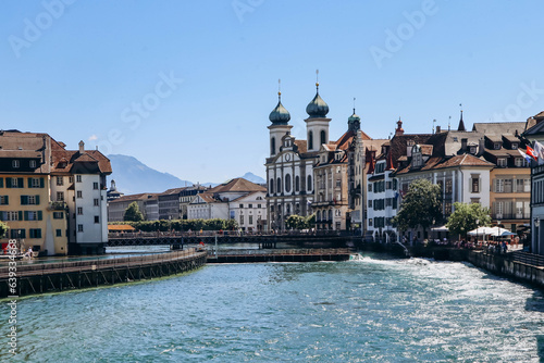 Lucerne, Switzerland - August 10, 2023: View of downtown Lucerne in Switzerland on a sunny summer day