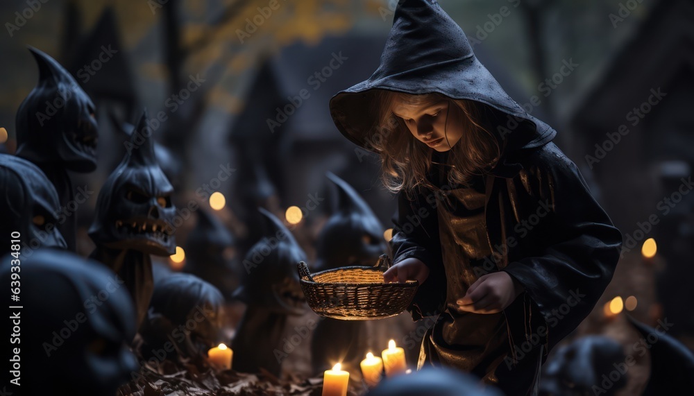 Photo of a young girl dressed as a witch casting a spell with lit candles