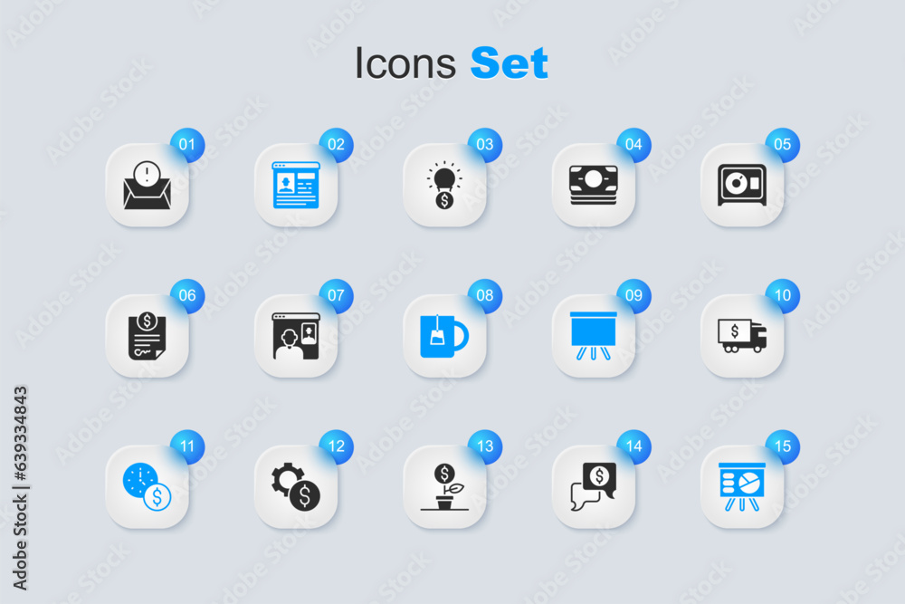 Set Business negotiations, Video chat conference, Resume, Time is money, Board with graph, Armored truck, Envelope and Cup of tea icon. Vector Set Business negotiations, Video chat conference, Resume, Time is money, Board with graph, Armored truck, Envelope and Cup of tea icon. Vector