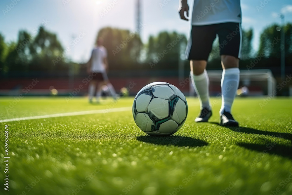 Athlete Kicking Soccer Ball on Stadium Grass Athlete Kicking Soccer Ball on Stadium Grass