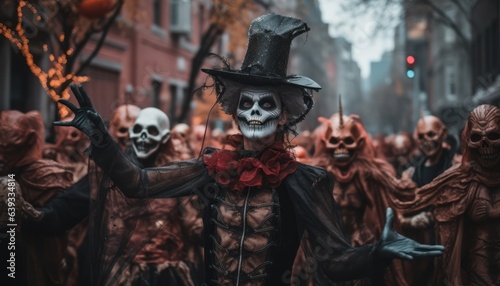 Photo of people in spooky skeleton costumes posing for a Halloween party