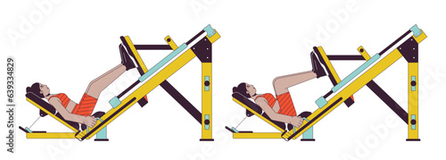 Working out on machine squat press flat line vector spot illustration. Female 2D cartoon outline character on white for web UI design. Leg strengthening routine editable isolated color hero image