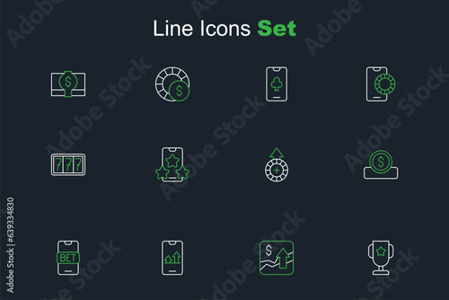 Set line Casino poker trophy cup, Financial growth increase, Online sports betting, Coin money with dollar, chips, and Slot machine jackpot icon. Vector