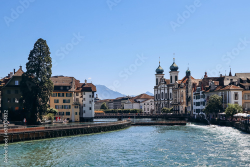 Lucerne, Switzerland - August 10, 2023: View of downtown Lucerne in Switzerland on a sunny summer day