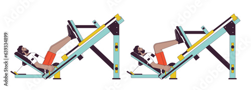 Muscle building with leg press machine flat line vector spot illustration. Athletic male 2D cartoon outline character on white for web UI design. Work out class editable isolated color hero image