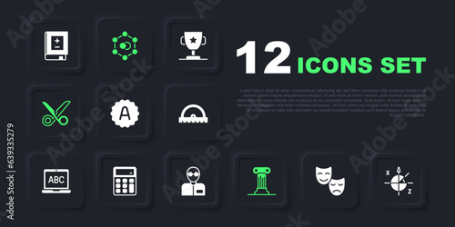 Set Comedy and tragedy masks, Trigonometric circle, Exam sheet with A plus grade, Law pillar, Scissors, Calculator, Molecule and Teacher icon. Vector