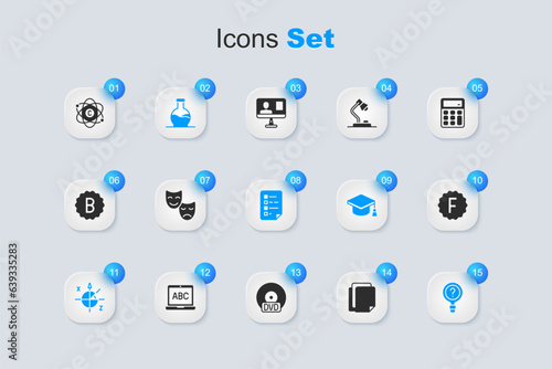 Set File document, Comedy and tragedy masks, Test tube, Trigonometric circle, Unknown search, Exam paper with incorrect answers, Atom and Clipboard checklist icon. Vector
