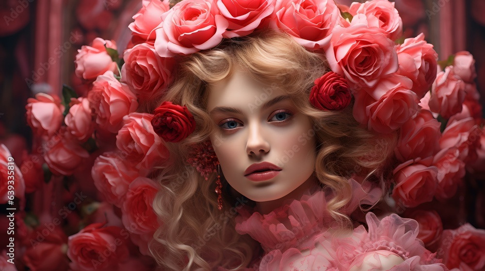 Rose queen. Beautiful woman with red roses. Beauty, fashion. Cosmetics and make-up.