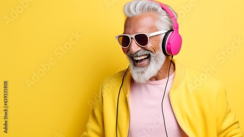 Happy elderly man listening to music on his headphones on yellow background. Cheerful senior man listening to music in headphones on yellow background. © mandu77