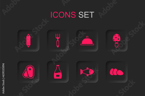 Set Sauce bottle, Fork, Rolling pin, Fish, Fly agaric mushroom, Chicken egg, Covered with tray of food and Steak meat icon. Vector