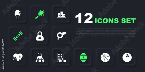 Set Basketball ball, Bowling, Weight, American Football, Dumbbell, Badminton shuttlecock, Tennis racket with and Sports doping dumbbell icon. Vector