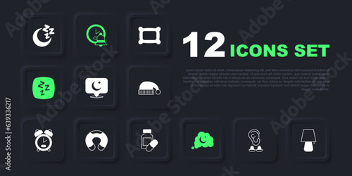 Set Earplugs and ear, Table lamp, Moon stars, Dreams, Sleepy, Travel neck pillow, Alarm clock and Sleeping icon. Vector