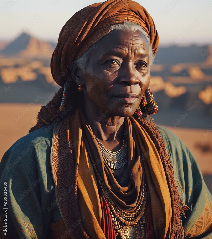 An elderly African woman in the desert. Generative AI.