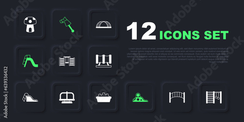 Set Playground kids bridge, Swedish wall, Slide playground, Attraction carousel, Toy horse and Sandbox with sand icon. Vector
