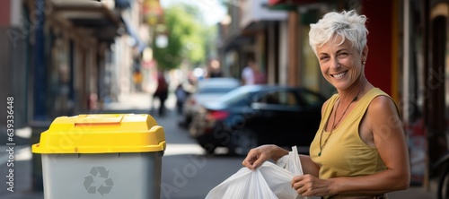femme 60 ans souriante les cheveux blanc dans la rue déposant un sac plastique dans un conteneur à poubelle jaune pour le recyclage photo