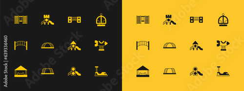Set Attraction carousel, Monkey bar, Slide playground, Playground kids bridge, Swedish wall and icon. Vector