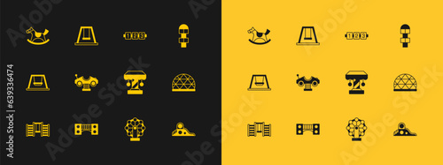 Set Hopscotch, Playground kids bridge, Attraction carousel, Ferris wheel, Swing, Education logic game, Horse saddle swing and for icon. Vector